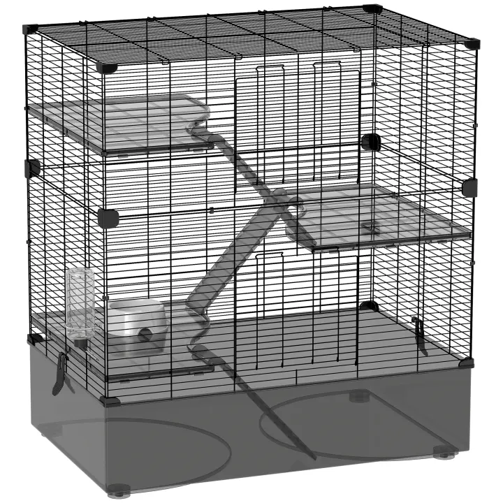 PawHut Jaula para Hurones de 4 Niveles con Bandeja Inferior Jaula para Roedores con Rampas Comedero y Bebedero Recinto para Chinchillas 73x47x80 cm Negro - 1