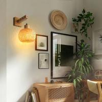 Sconce De Pared Hecho a Mano En Bambú Con Cordón De Enchufe - Iluminación Bohemia Rústica Para Dormitorio Espacios Comerciales Lámpara Vintage - details 0