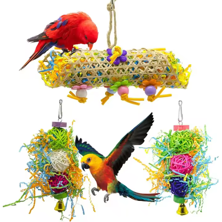 Paquete de 3 juguetes, jaula para pájaros, juguete para masticar colgante, cono, loro gris africano - 1