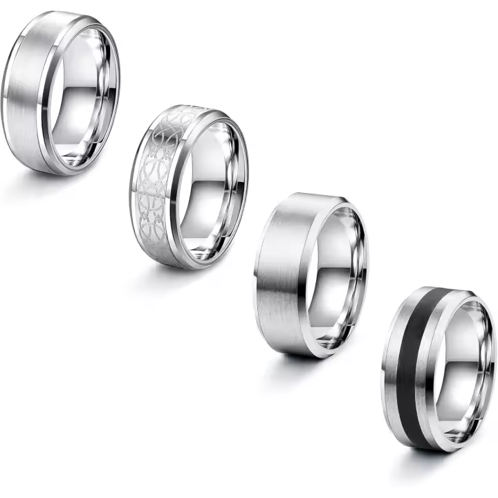 4 piezas anillos hombre Arce inoxidable Plisado mate anillos de Banda de compromiso Vintage para hombre Mujer 14-30 - 1