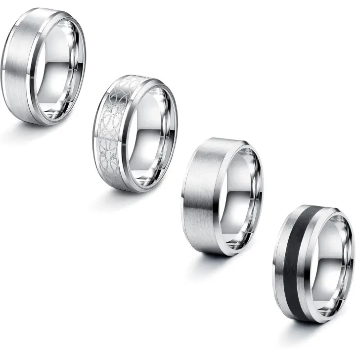 4 piezas anillos hombre Arce inoxidable plateado mate anillos de banda de compromiso Vintage para hombre mujer 14-30 - 1