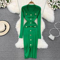 Vestido Midi De Punto REALEFT Para Mujer Con Cuello En V Manga Larga Y Falda Frontal Solta Estilo Casual Color Sólido Otoño Invierno - details 0