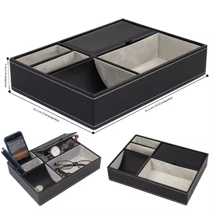 Organizador De Escritorio PU Con 5/6 Compartmentes Caja De Almacenamiento Para Joyas Valet Tray De Hombre Estuche Para Teléfono Llaveros Cartera Reloj Gafas - 1