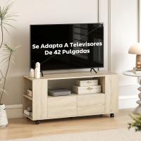 TV Unit with Wheels, Mobile TV Table, TV Unit up to 42 Inches, with 2 Drawers, Adjustable Shelves for Living Room, Dining Room, Bedroom, Natural Wood - details 1