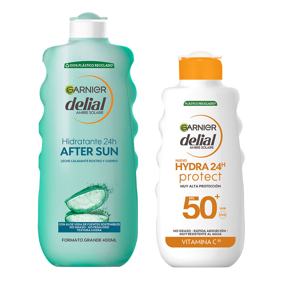 GARNIER | Delial Pack de After Sun Leche Calmante Rostro y Cuerpo Con Aloe Vera para Hidratar la Piel después de la Exposición Solar + Hydra 24H Protect Leche de Alta Protección FPS50 - 400+175ML