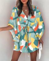 Vestido Casual De Verano Para Mujer Con Estampado Y Volante Estilo Playa Cuello En V Manga Batwing A-Line Largo Mini - details 10
