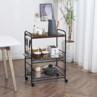 HOMCOM Carrito Auxiliar con Ruedas Carrito Verdulero de 3 Niveles Carrito de Cocina con 2 Cestas y 4 Ganchos para Comedor Salón 60x38x85,5 cm MarrónRústico - details 1