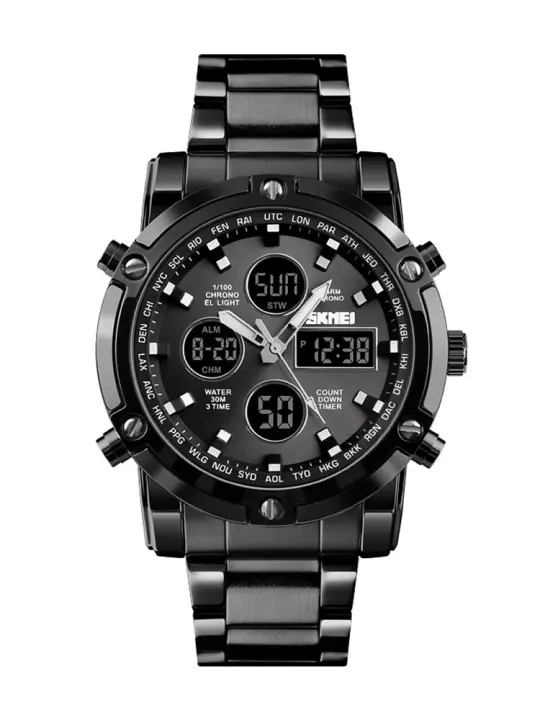 Reloj Digital Skmei 3 Tiempos Con Pantalla Retroiluminada Reloj De Pulsera Cuarzo Para Hombre Correa De Acero Inoxidable Completa Cuenta Regresiva Relogio Masculino - 1