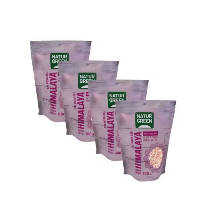 Sal Rosa del Himalaya Gruesa  Pack de 4x  500g  Sin refinar  Rica en minerales naturales  Uso culinario o en molinillo  NATURGREEN - 1