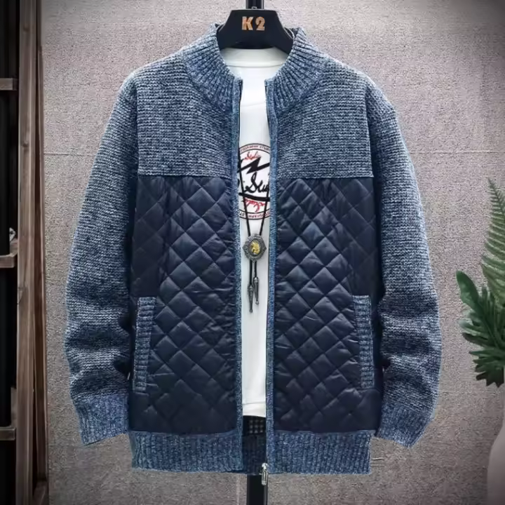 Chaqueta De Suéter Para Hombre Con Forro Fuzzy Cuello Erguido Talla Grande Chaqueta Caliente Con Patchwork Estilo Casual - 1
