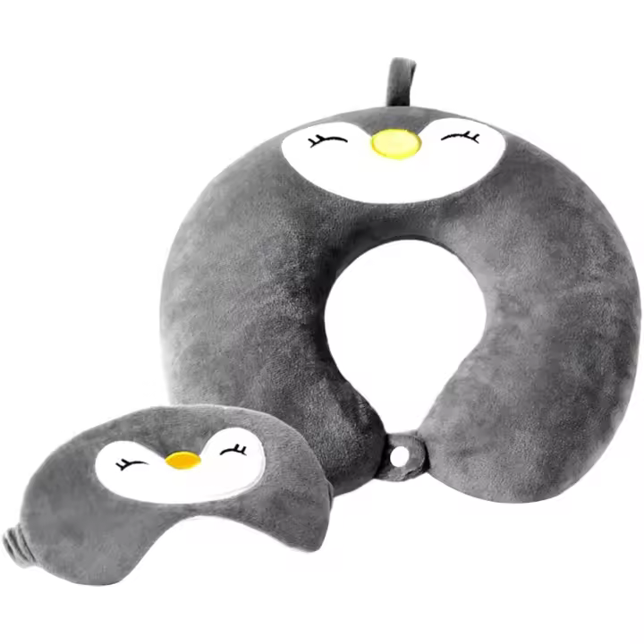 1 almohada de viaje, 1 máscara de ojos, cojín de viaje para niños con forma de pingüino, almohada de viaje en forma de U, lindo cojín de cuello de viaje, juego de almohada de viaje, adecuado - 1