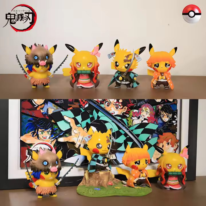 Figuras De Colección Anime Hot Pikachu Cosplay Demon Slayer Tanjirou Nezuko Zenitsu Inosuke PVC 9CM Regalo De Cumpleaños Para Niños - 1