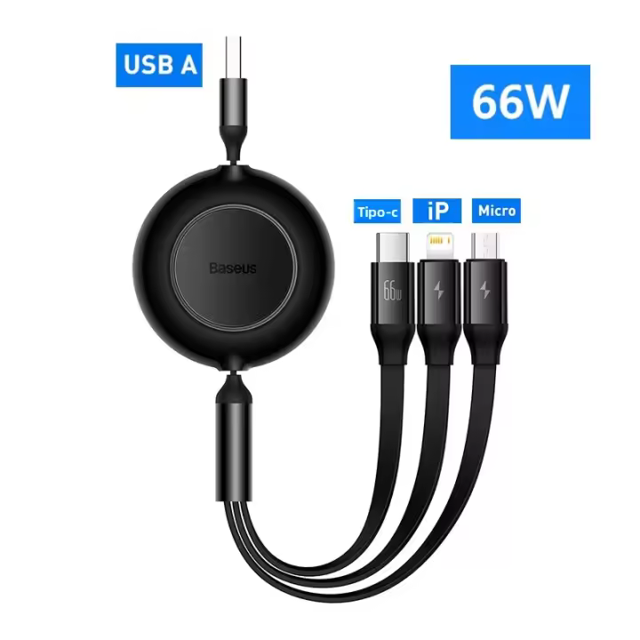 Cable De Carga Retráctil 100W/66W 3 En 1 USB Para MacBook Samsung Xiaomi Y iPhone 14 Cable Tipo C De Baseus Con Corriente Máxima De 5A Material TPE/TPU - 1
