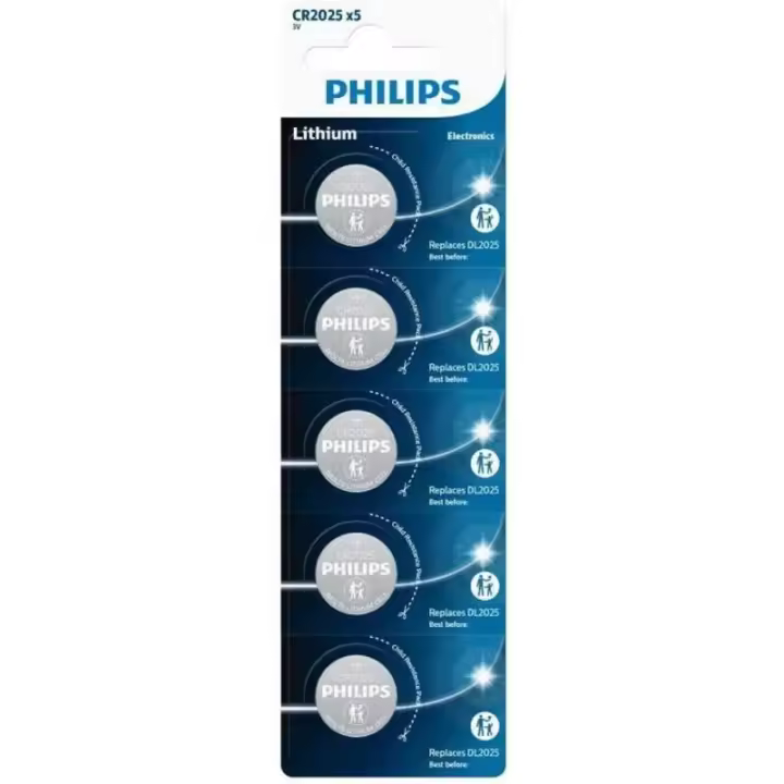 Pilas de botón de litio de PHILIPS CR2025, DL2025 de 3V, Pack de 5 pilas - 1