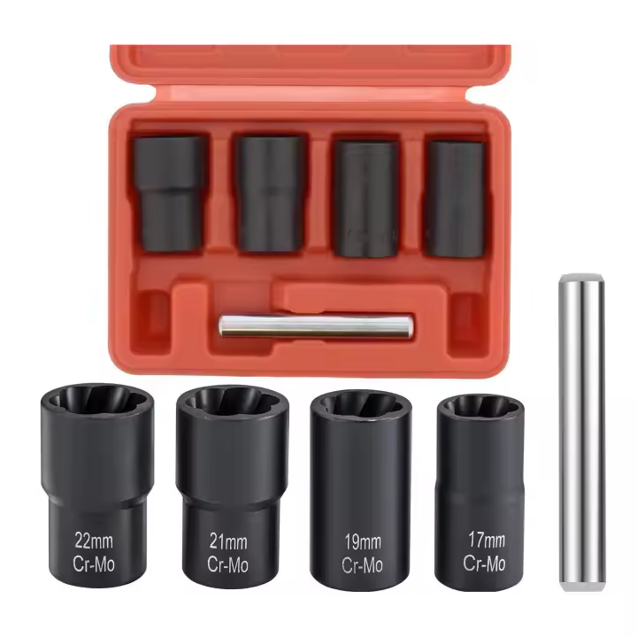 JOMAFA Juego de vasos para quitar tuercas y tornillos dañados y tornillos antirrobo ( Vasos Twist ) 17, 19, 21 y 22 mm, 5 piezas - 3428 - 1