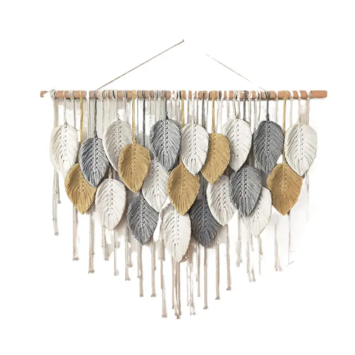 Macramé Tapiz Grande Tejido Tapiz Boho Macramé Hoja Decoración de Pared Pluma Chic Arte Tejido Para Dormitorio, Decoración de Salón, 100 cm Amarillo - 1