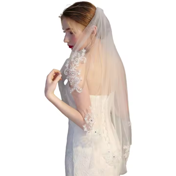 Velo De Novia De Encaje Con Aplicaciones De Cristal Talla Única Largo De Caderas En Tulle Suave Accesorios Para El Cabello Para Mujeres - 1