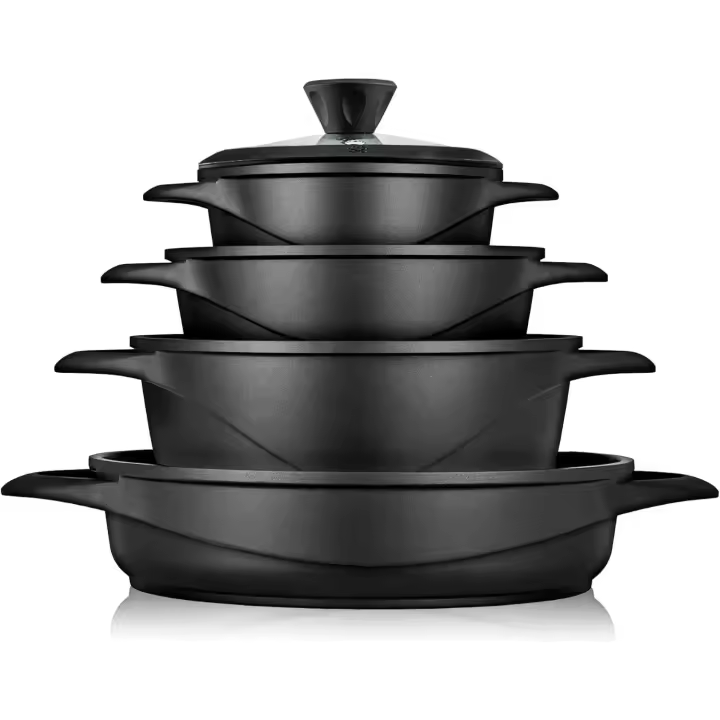 Briebe MGK-17S Batería de Cocina Inducción 8 Piezas Aluminio Fundido 4 Ollas con Tapa de Cristal Antiadherente, , Negro - 1