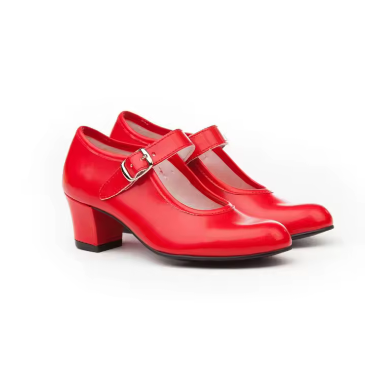 Mº302 ZAPATO FLAMENCA ROJO ANGELITOS Caminar con los pies y bailar con el alma. Elegantes y cómodos, zapato tipo salón con pulsera y sistema de cierre de hebilla fabricado en MICROFIBER napa. La parte interior no lleva forro, protector de punteras y talon - 1