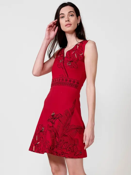 Koroshi Vestido corto elástico con escote pico cruzado para mujer color rojo - 1