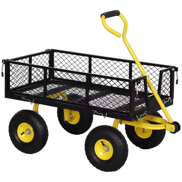 Outsunny Carro de Jardín Basculante Carga 200 kg Carro para Playa con Paneles Laterales Desmontables Mango Giratorio de 180° y 4 Ruedas Neumáticas Grandes de Goma Negro y Amarillo - 1