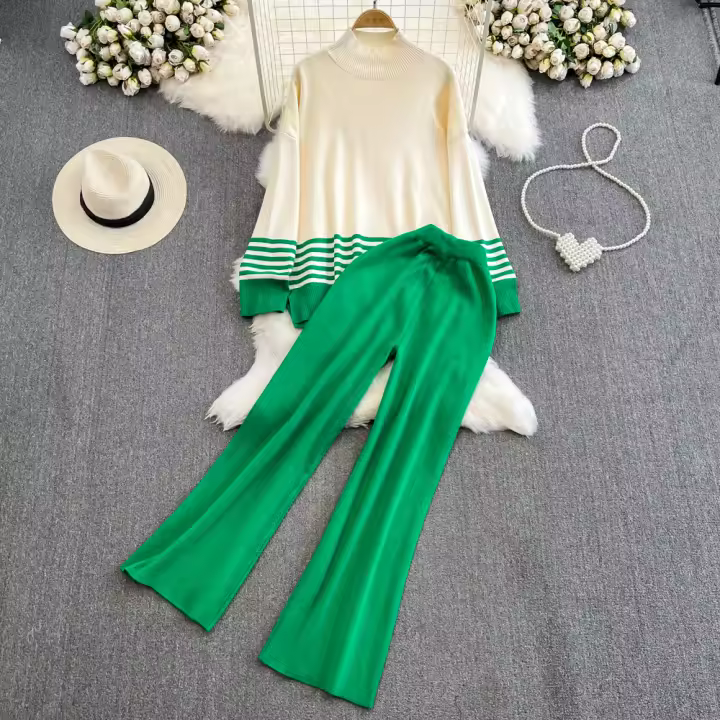 Conjunto De Ropa De Mujer REALEFT Otoño Invierno 2 Piezas Traje De Pista Tejido Con Cuello Alto Rayado Y Pantalones Rectos Polyester Estilo Casual - 1
