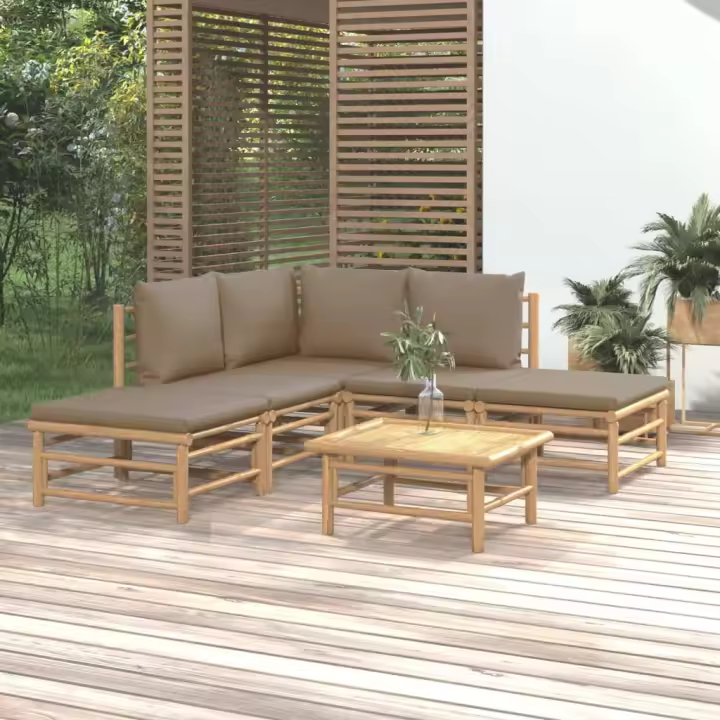 vidaXL Set de muebles de jardín 6 piezas bambú con cojines gris taupé - 1
