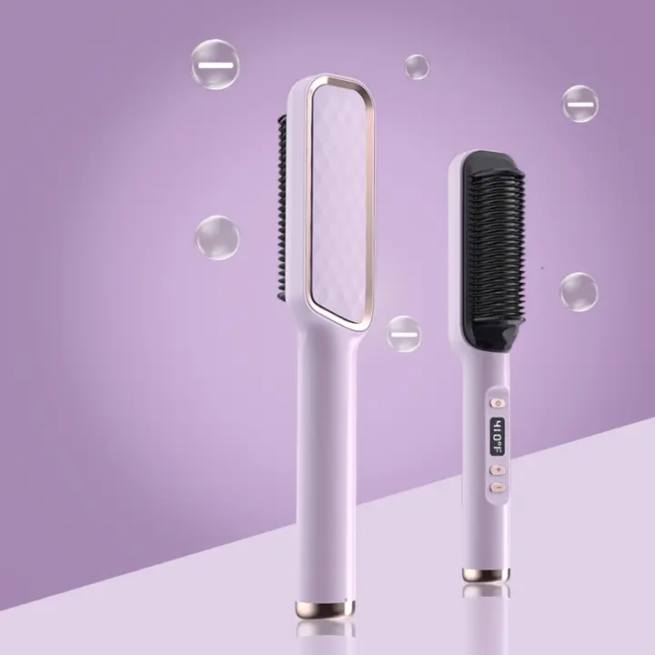 Ceramic Hair Straightener Brush, 35W, 2-in-1 Curling and Straightening Comb, with LCD Display, Adjustable Temperature, 220V European Standard Plug, for Unique Hairstyles, Mother'S Day Gift-Cecodadi - 1