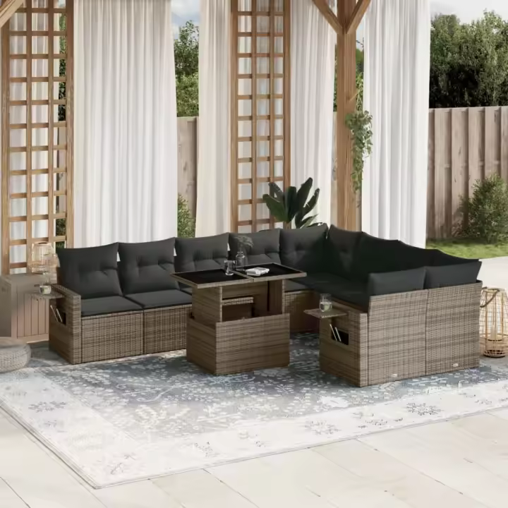 vidaXL Set de sofás de jardín 10 pzas con cojines ratán sintético gris - 1