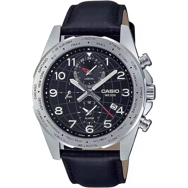 reloj deportivo hombre Casio MTP-W500L-1AV 43.9mm Hora Mundial 50m WR correa de cuero Indicador de batería Alarma - 1