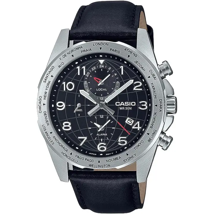 reloj deportivo hombre Casio MTP-W500L-1AV 43.9mm Hora Mundial 50m WR correa de cuero Indicador de batería Alarma - 1