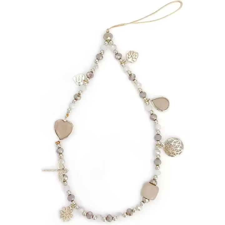 2PCS Cordón de móvil con Cadena Anti-perdida de Cristal Beige y Accesorios Decorativos como Correa de muñeca, Llavero y Colgante de Bolsa. ¡Mantén tu teléfono Seguro y con Estilo! - 1