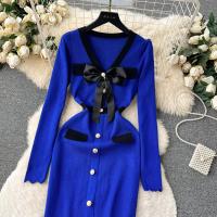 YuooMuoo Vestido Elegante Bodycon Para Mujer Con Cuello V Y Lazo Manga Larga Split Frontal Estilo Oficina Lady Chic Para Fiesta Y Trabajo - details 22