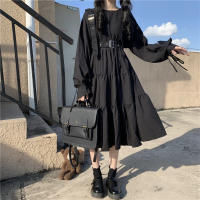 Vestido Midi Negro Harajuku Japonés Para Mujer Estilo Gótico Con Aros Y Volantes Vestido Bandage Ajustable Vintage Traje De Cosplay De Manga Larga Y Corte Ancho - details 3