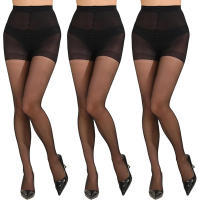 3 Pares De Medias 20D Para Mujer Con Cintura Controlada Y Dedos Reinforzados Medias De Nylon Talla Única Color Sólido - details 0