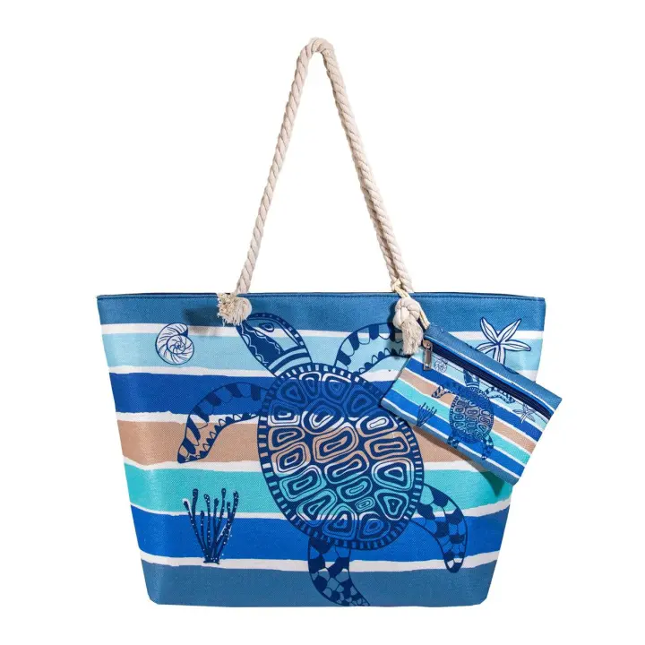 SUN & SURF Bolsa Playa Gran Capacidad con Cremallera 60x40x20cm y monedero a conjunto. Capazo Playa Verano. Asas Cuerda de Hombro. Bolsillos Interiores Cremallera - 1