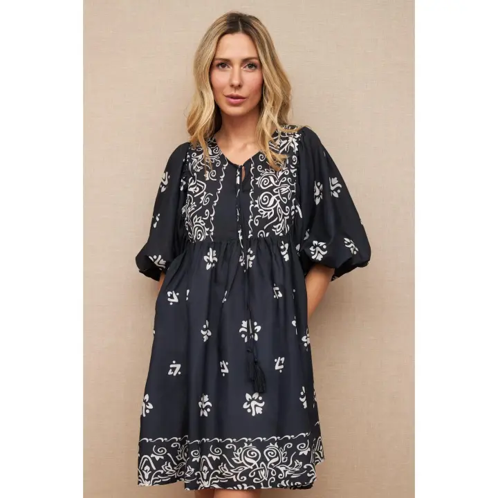 VESTIDO CORTO ESTAMPADO DARK - Vestido Corto Azul Oscuro, Marino, Estampado Blanco, Mangas Abullonadas, Poliester, Polyester, Algodón, Primavera Verano para Mujer - 1