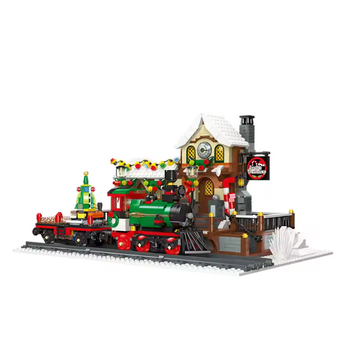 Bloques De Construcción De Tren Navideño Con Luz Y Paisaje De Calle Estación De Ferrocarril De Invierno Para Juguetes De Montaje Para Niños - 1