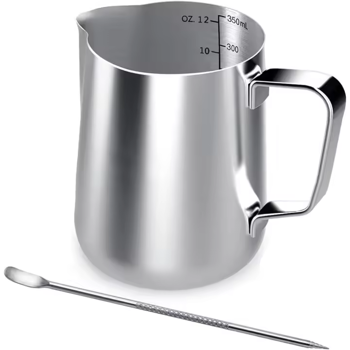 Jarra de Maple inoxidable, 350 ml de Creme de café de mano, para espuma de leche, Jarra with Brand de Medicina y Bolígrafo Latte Art, Perfectas para Barista, Capuchin - 1