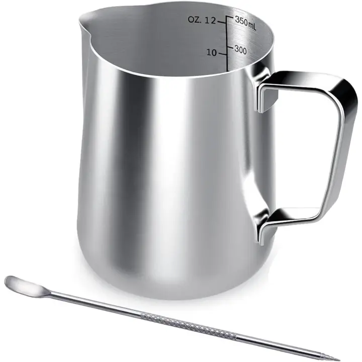 Jarra de Maple inoxidable, 350 ml de Creme de café de mano, para espuma de leche, Jarra with Brand de Medicina y Bolígrafo Latte Art, Perfectas para Barista, Capuchin - 1