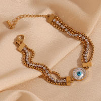 Pulsera Elegante De 3 Capas Con Perlas Y Circonia En Acero Inoxidable Platinado 18K Para Mujer Estilo Trendy Clavija De Seguridad - details 5