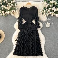 Vestido Elegante De Mujer 2024 Pleated Miyak Primavera Otoño V-Neck Suéter Beaded Exquisito Cinturón A-Line Midi Vintage Polyester - details 14