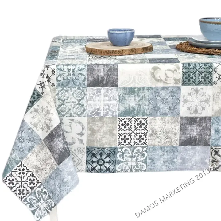 Mantel rectangular antimanchas, Fácil de limpiar, Lavable, Algodón, Impermeable, Para el comedor, Moderno, Castillo, Azulejo, Azul, Rosado, Azul claro. XASTILLO 21 - 1