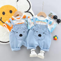 Conjunto De Ropa Para Bebé De Verano Con Overalls De Denim Y Camiseta Corta Casual Unisex Algodón Y Poliéster Estilo O-Neck - details 2