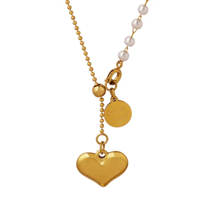 Encanto Cadena de clavícula de acero de titanio con forma de corazón de amor retro, collar con borlas galvanizadas en oro de 18 quilates, colgante redondo de perla de imitación, joyería - 1