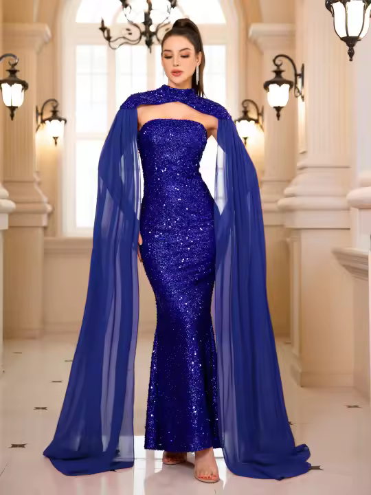 Vestido De Noche Elegante Romagic Para Mujer Con Pelo De Mariposa Desmontable Y Mangas Fluídas De Lentejuelas Vestido De Cumpleaños Y Baile De Prom 2025 Sin Cinturón - 1