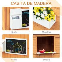 Outsunny Casa Infantil de Madera Casita de Juegos para Niños de +3 Años con Mesita Banco Buzón Pizarra Macetero Ventanas y Puerta para Exterior 122x108x135,5 cm Natural - details 0