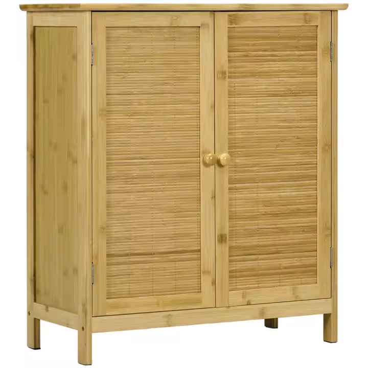 HOMCOM Aparador de Bambú de 2 Puertas, Aparador de Salón Bohemio con 2 Estantes, para Cocina, Entrada, Dormitorio, Natural, 60x27x67,5 cm - 1