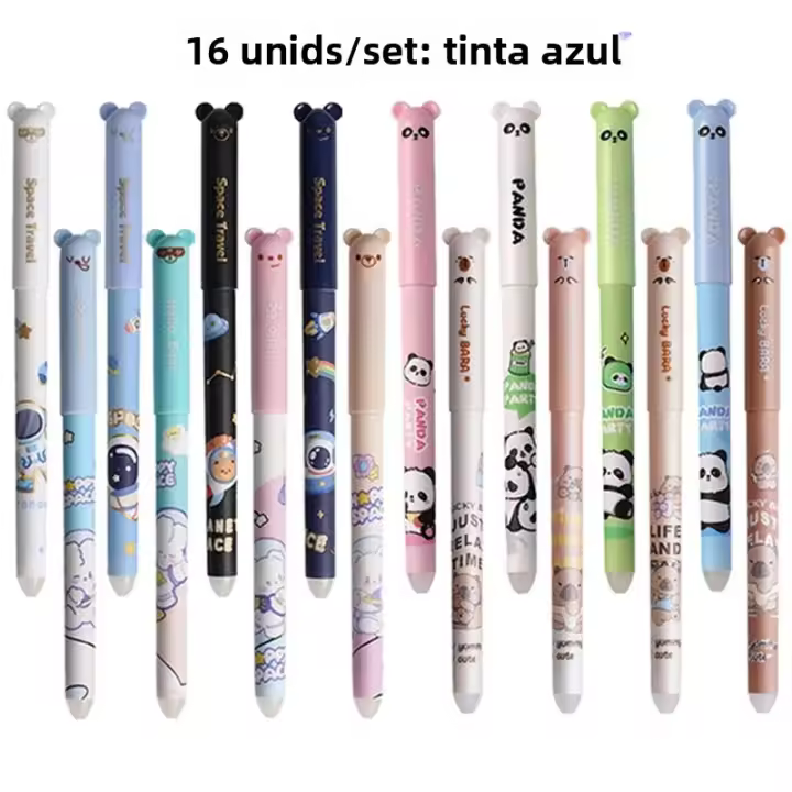 Juego De 16 Rotuladores Gel Borrables Astronauta Conejo Panda Cachorro 0.5mm Tinta Azul/Negra Para Escuela Y Oficina - 1