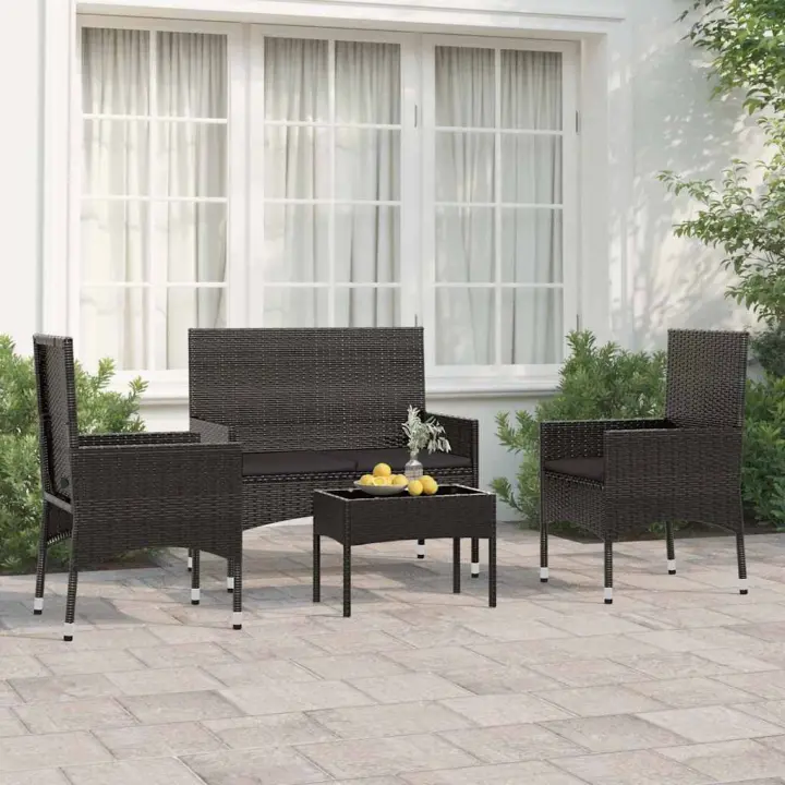 vidaXL Juego de jardín con cojines 4 piezas ratán sintético en color Negro/Negro y crema/Gris y más | acolchados duraderos para sofás de jardín terraza exterior - 1